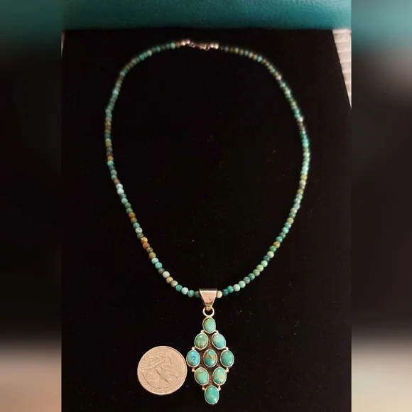 Natural Turquoise Beaded Neckace with Turquiose Pendant in Sterling Silver - Picture 9 of 11